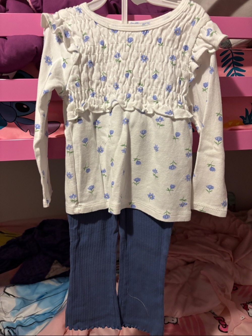 Girls White Floral Smocked Top & Blue Ribbed Pants Matching Set
